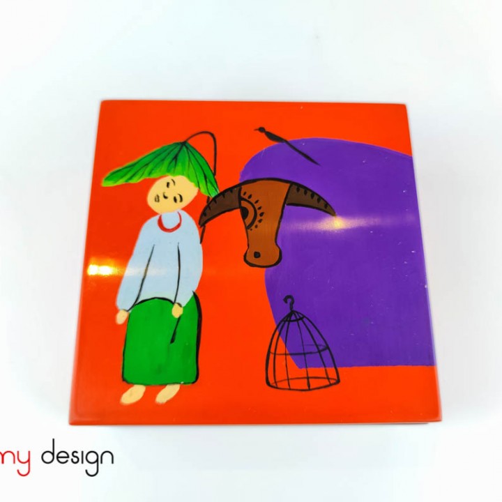 Orange square lacquer box hand painted with folk themes